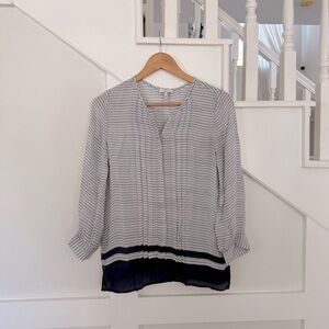 Joie 100% Silk White and Navy Striped Long Sleeve Blouse size S